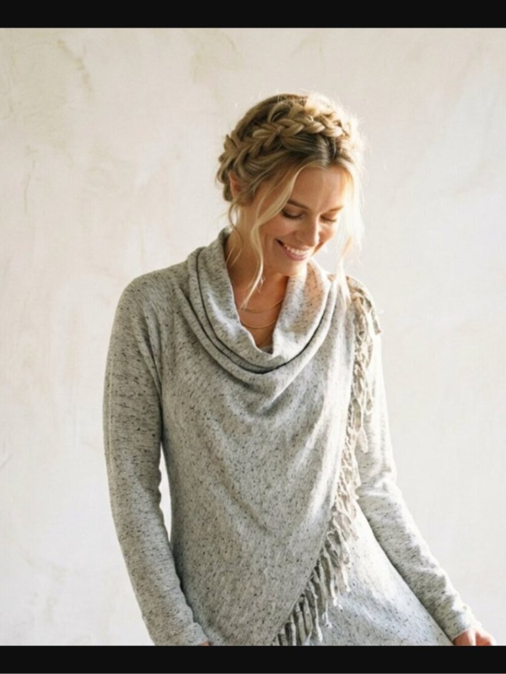 NWT LOVESTITCH Heathered Grey Fringe Asymmetrical Cowl Neck Sweater - Small